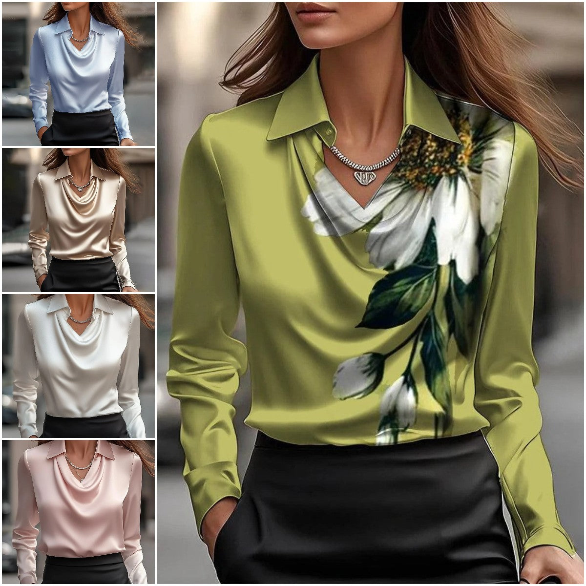 🔥【Nueva moda 2026】✨Camisa de solapa estampada de color sólido para mujer