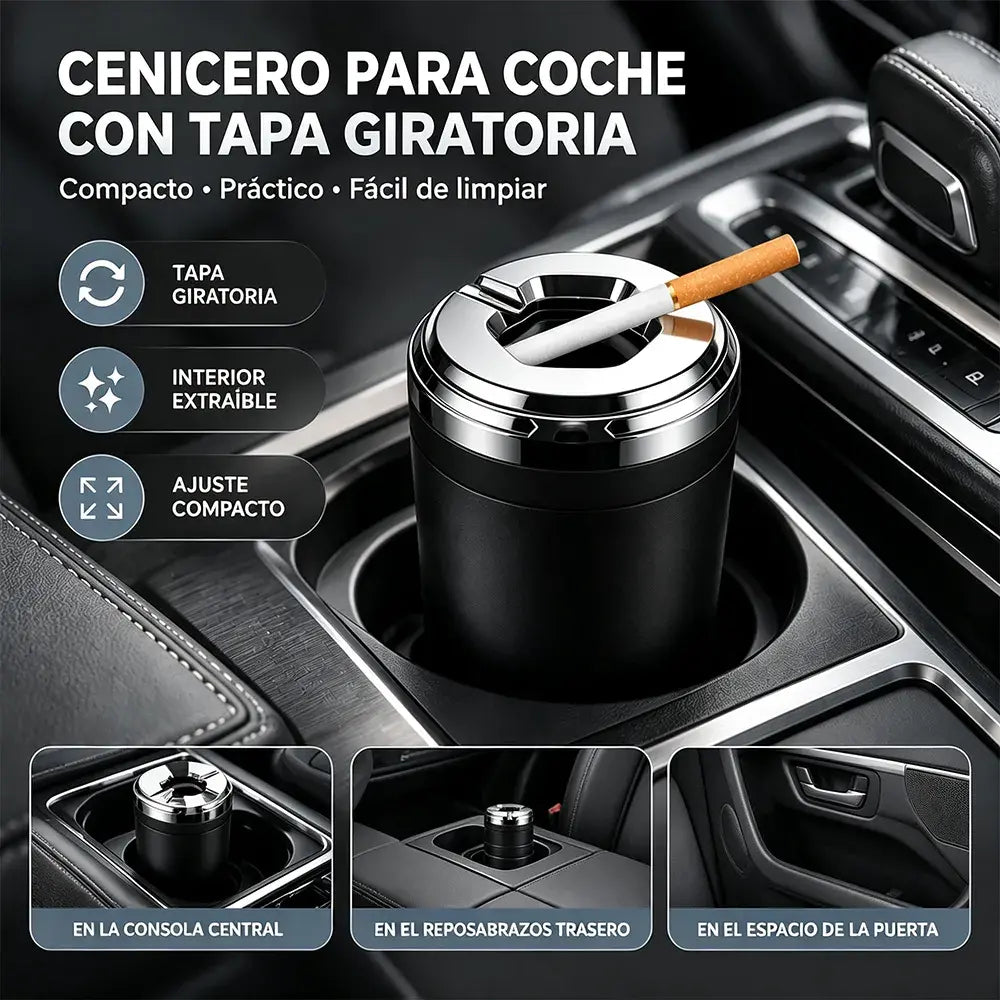 🚗【¡Compra uno, consigue uno gratis!】✨ Cenicero para Coche con Tapa Giratoria | Antiderrame y Estilo Premium | Para Auto, Hogar y Oficina 💨