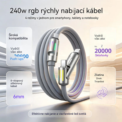 🔥 【2 kusy za 22 eur】 🔥 (dĺžka 2 metre) Kábel 4 v 1 PD 240 W – rýchle nabíjanie cez USB‑C, Lightning a USB‑A, hliník a silikón, synchronizácia dát ⚡📱