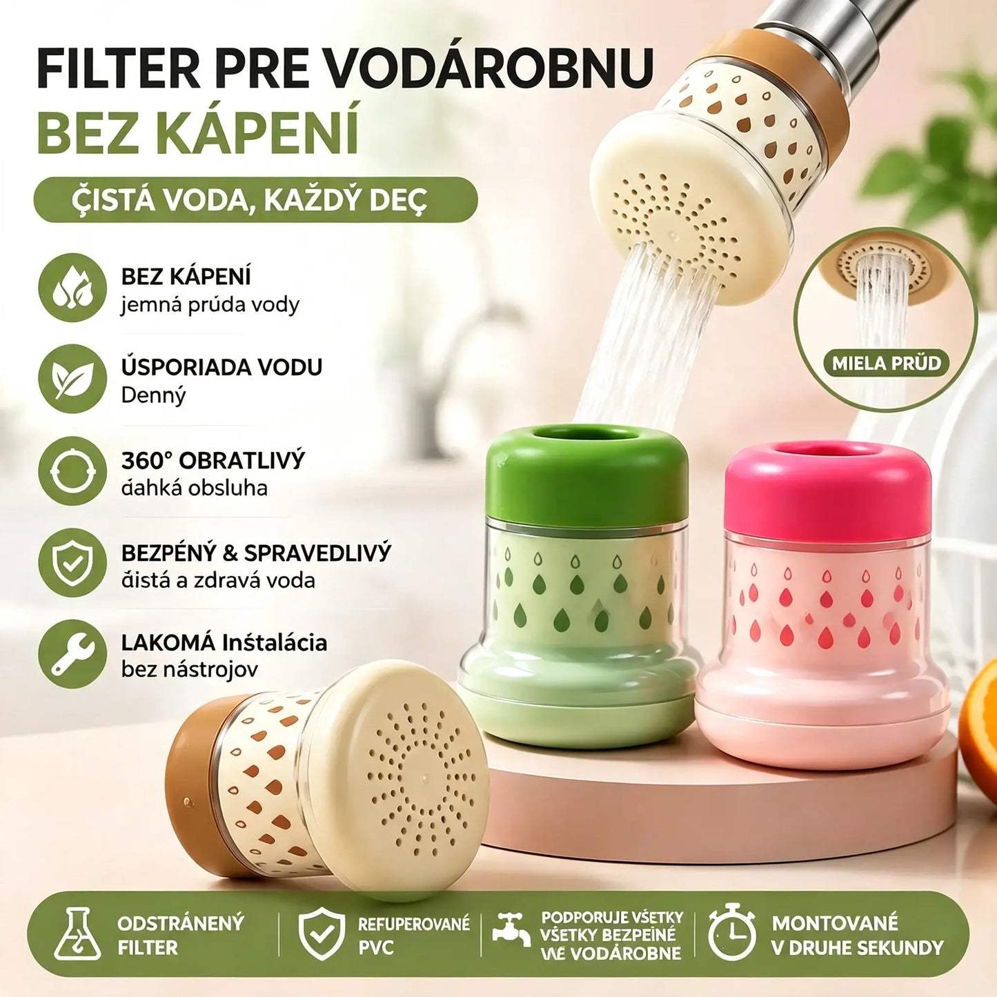 💦 Vodovodný filter odolný voči striekajúcej vode – 360° – Šetrí vodu viac a je efektívnejší, lepšie výsledky umývania
