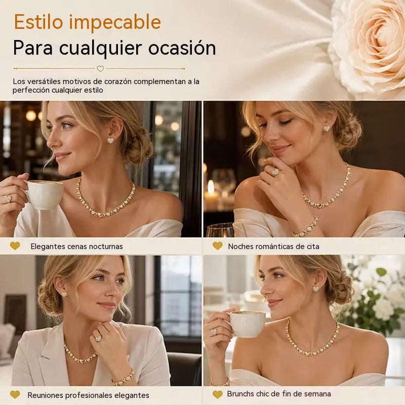 🎁 Juego de 4 piezas de joyería clásica con forma de corazón y baño de oro
