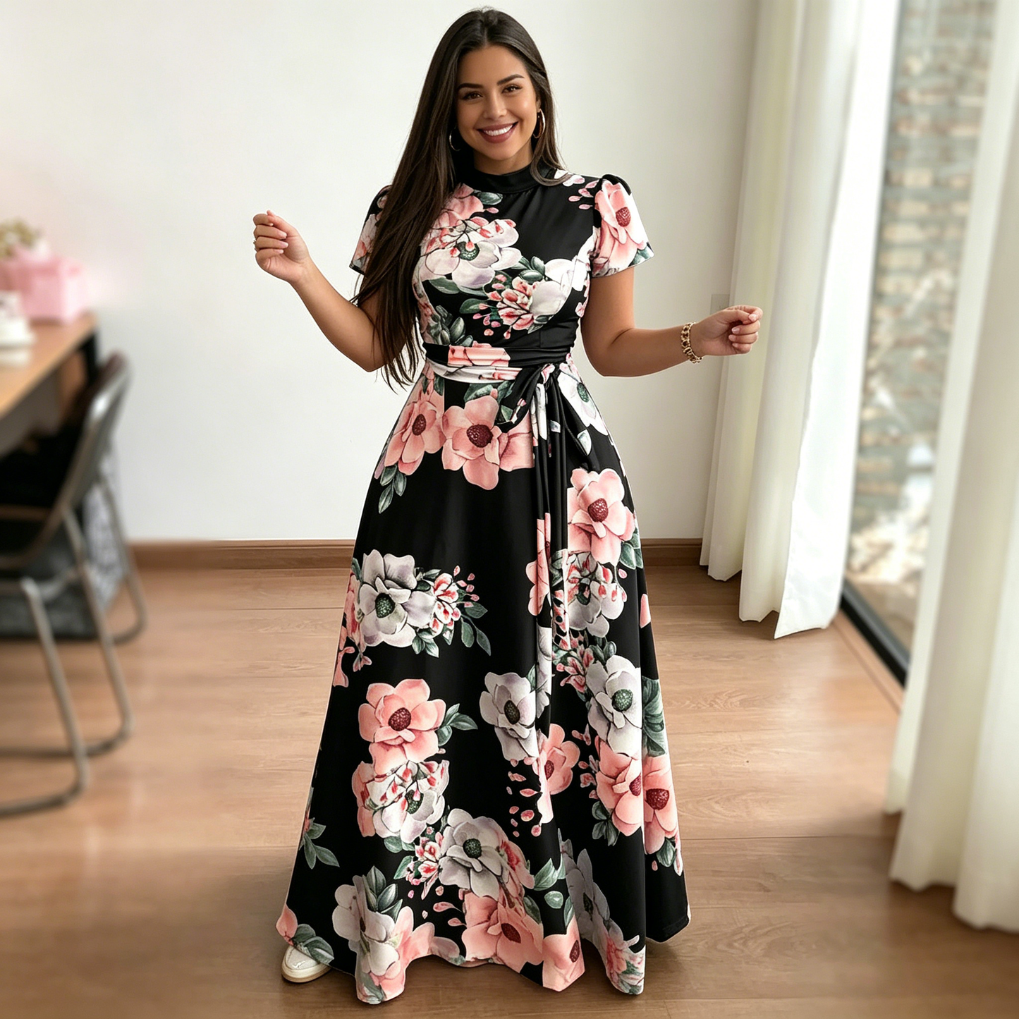 👑【S-5XL】✨Nuevo y elegante vestido largo de manga corta con estampado floral