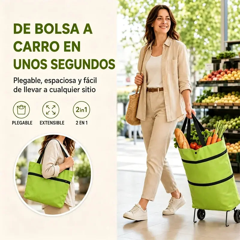 🛒 Carrito de Compras Plegable 2 en 1 – Bolsa con Ruedas y Asa Ajustable, Ligero y Portátil para Llevar al Hombro 🎒