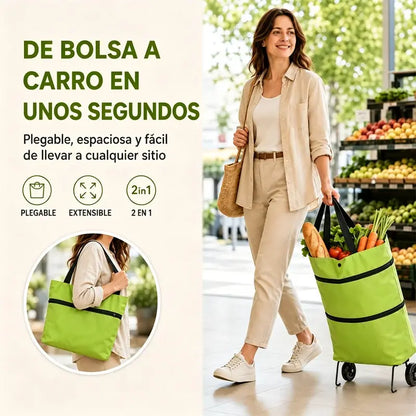 🛒 Carrito de Compras Plegable 2 en 1 – Bolsa con Ruedas y Asa Ajustable, Ligero y Portátil para Llevar al Hombro 🎒