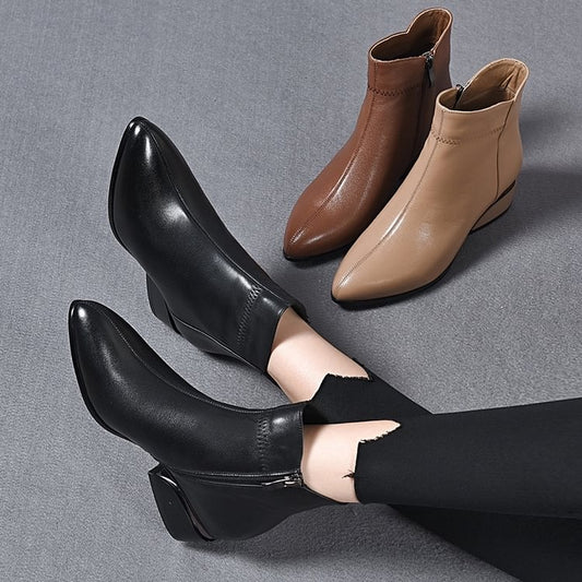 🔥Último día 50% de descuento - Botines de piel con tacón medio y cremallera lateral