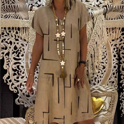 【50% OFF】 【🚚 Envío Gratis y Pago Contra Reembolso】 👗 【S-5XL】 Vestido de algodón estampado con cuello en V