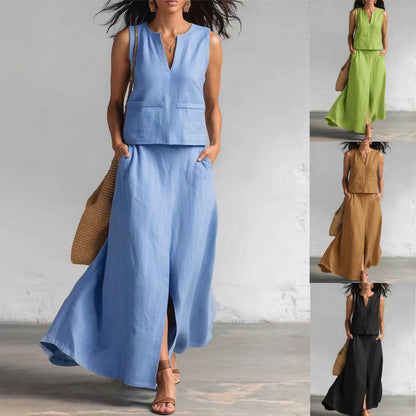 🔥 ¡Nueva llegada de verano! 😍 2026 Nuevo conjunto de dos piezas para mujer en colores sólidos: top de lino con cuello en V sin mangas y falda midi fluida