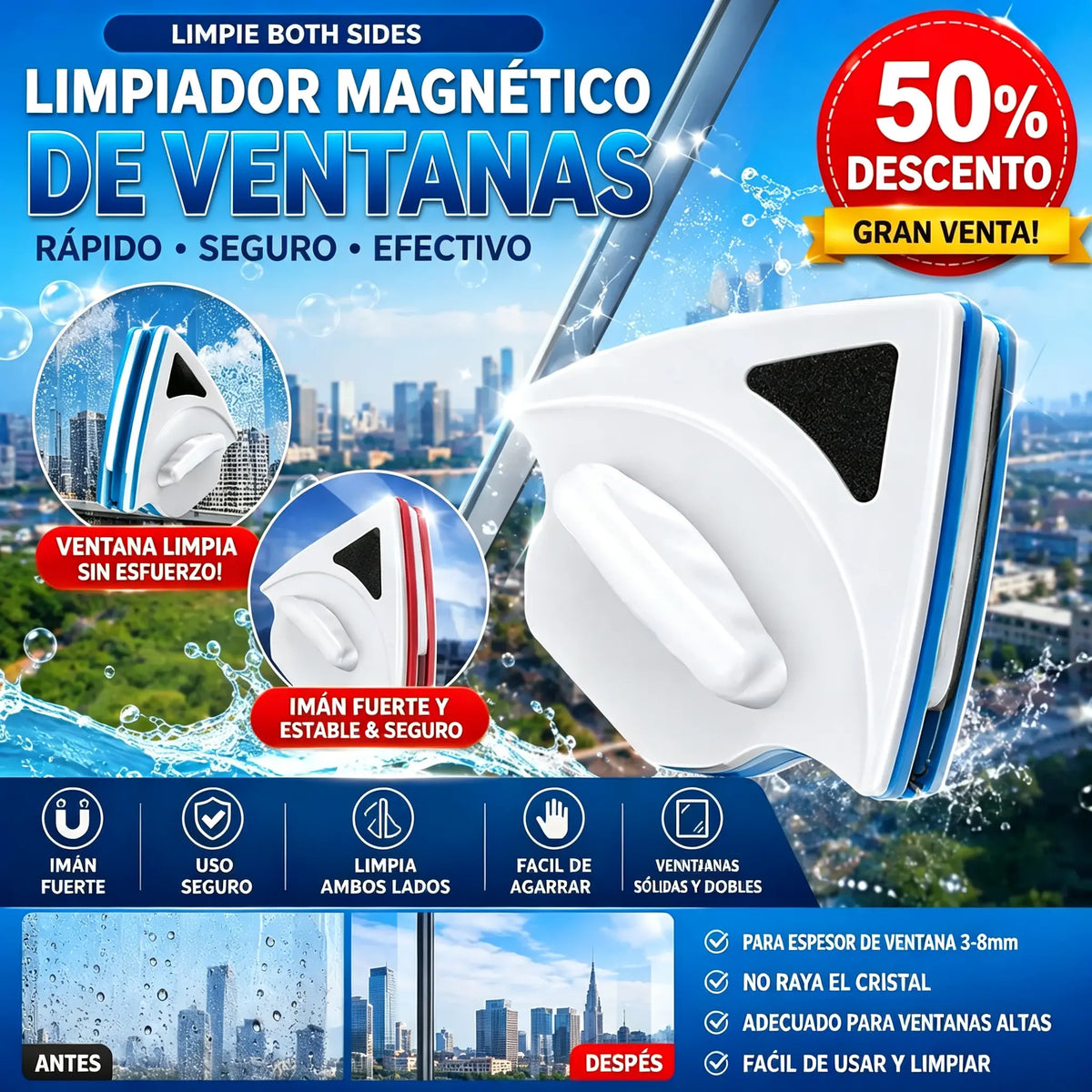 ⚡ Limpiador de ventanas magnético: ¡aumenta el área de limpieza en un 30%, una sola sesión de limpieza para resultados perfectos! 🧊🌀