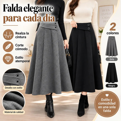 👗🎀【S-4XL】Falda midi de cintura alta con cintura asimétrica y dos botones