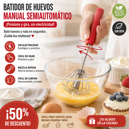 🥳Compra 1 y llévate 1 gratis🥳💞¡Más de 50.000 unidades vendidas!🥚💪 ¡50% de descuento! Batidor de huevos manual semiautomático: presiona y gira, sin electricidad. Bate huevos y nata en segundos. ¡Cuida tus muñecas! ✨🧁