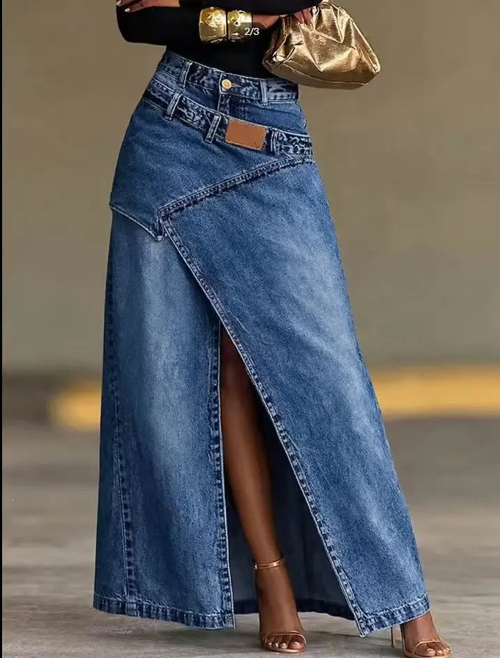 🥇【S-3XL】Falda larga vaquera para mujer con cintura de capas, corte holgado y diseño elegante.