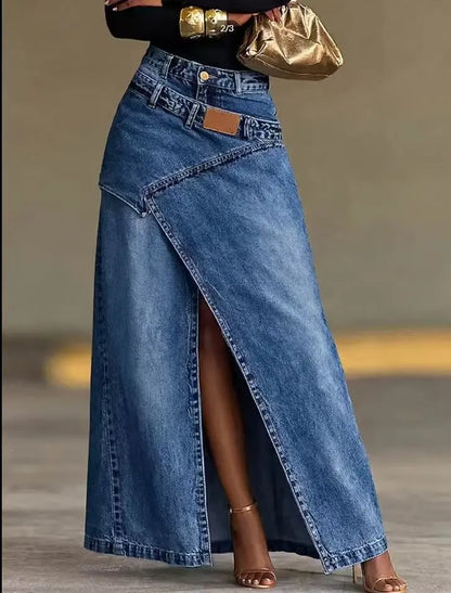 🥇【S-3XL】Falda larga vaquera para mujer con cintura de capas, corte holgado y diseño elegante.