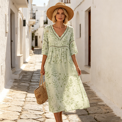 👗【Výpredaj na konci sezóny】Letné bavlnené ľanové šaty s potlačou, dlhé, s výstrihom do V (S-3XL)