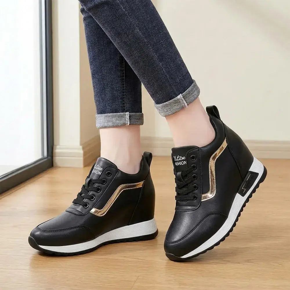 👠Zapatillas de plataforma para mujer con cuña oculta - Zapatos casuales de cuero estilo coreano - Suela gruesa, calzado deportivo cómodo