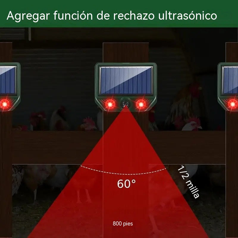 Repelente solar ultrasónico para animales, ideal para exteriores, con luz infrarroja intermitente y LED rojo y azul.