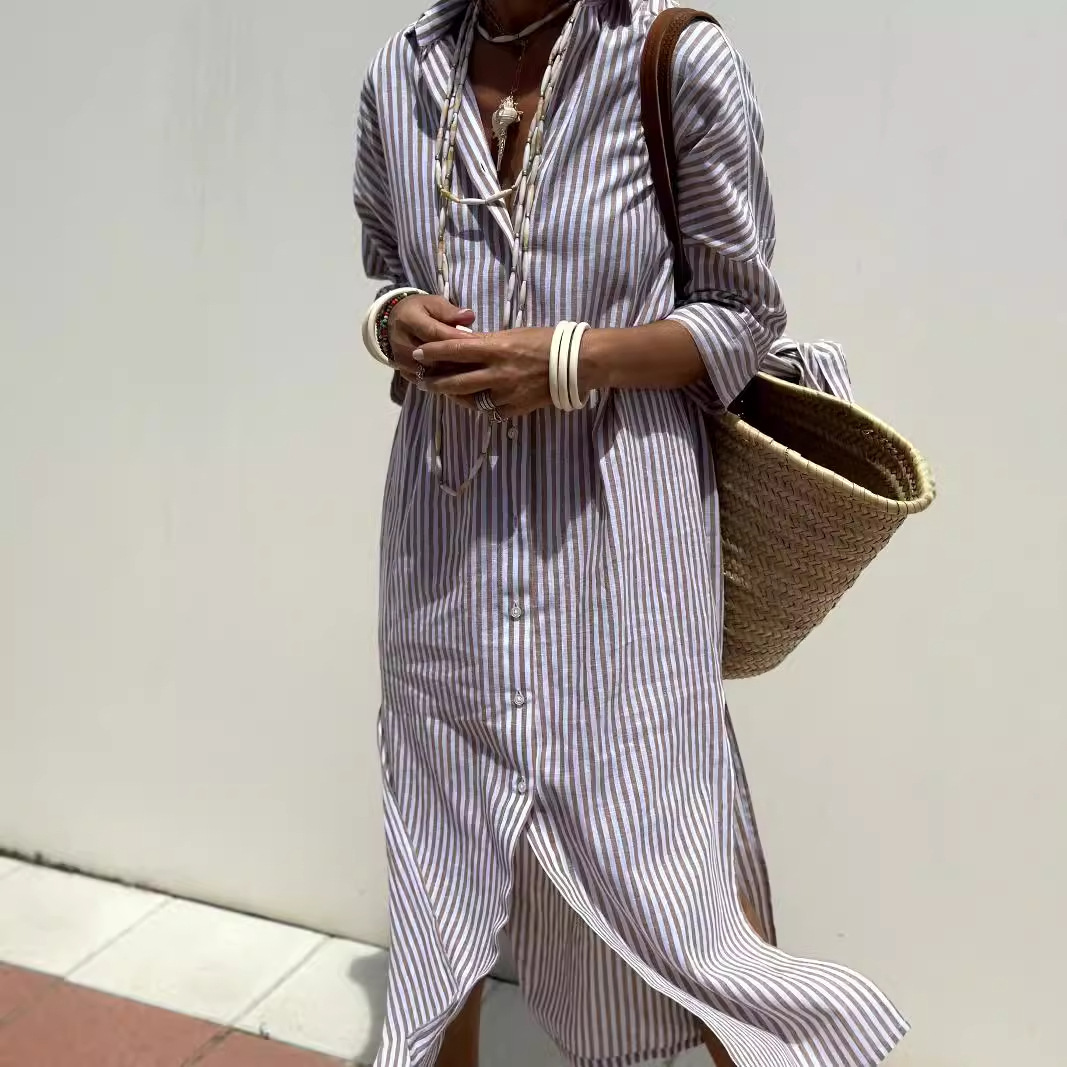 【S-2XL】Vestido Camisero Midi de Rayas：Elegancia Francesa y Frescura para