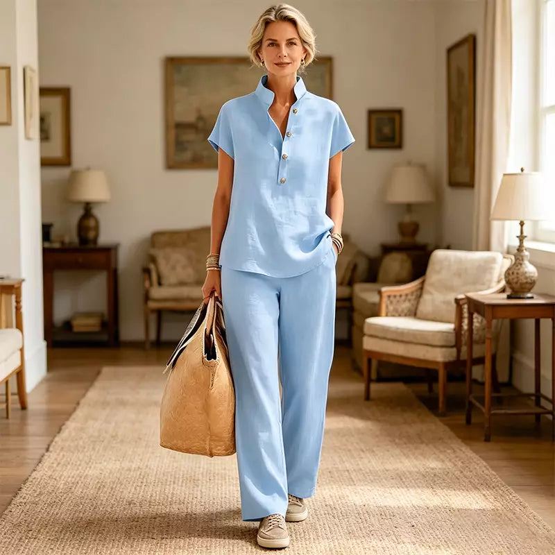 🔥【¡Oferta al 50%!!】✨Conjunto de mujer de lino y algodón: blusa de manga corta y pantalón ancho, estilo casual elegante de verano