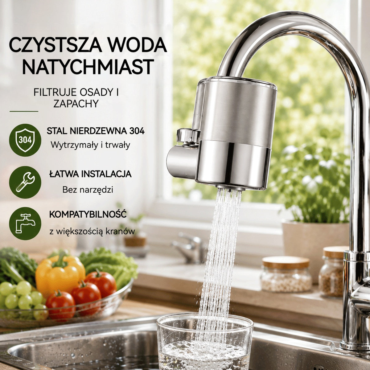 💧 Filtr wody do kranu ze stali nierdzewnej 304 | Głębokie oczyszczanie, usuwa osady i zapachy, szybka instalacja kompatybilna z 99% kranów 🚰