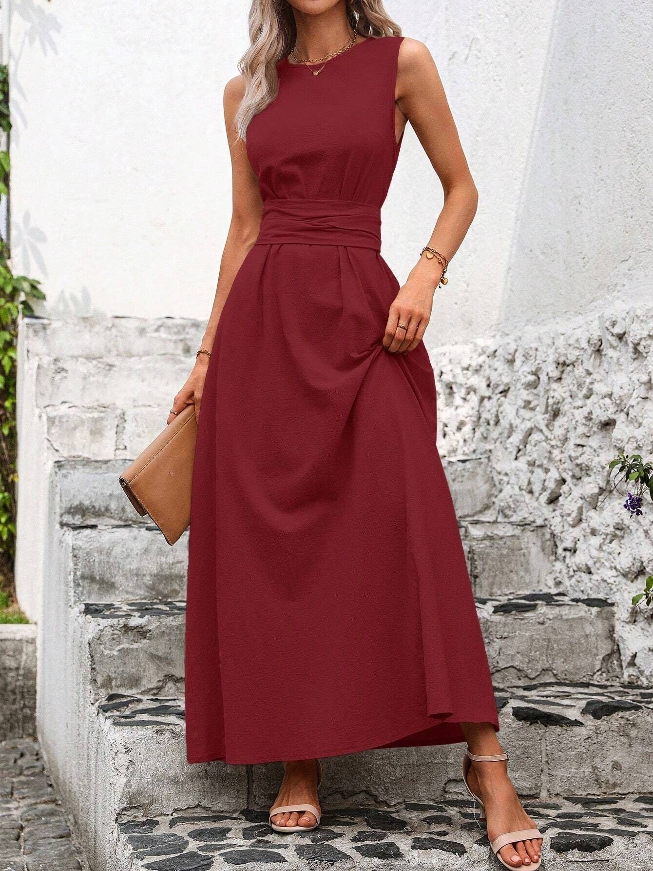💋【S-3XL】Vestido casual elegante de color liso, cuello redondo, sin mangas, que ciñe la cintura