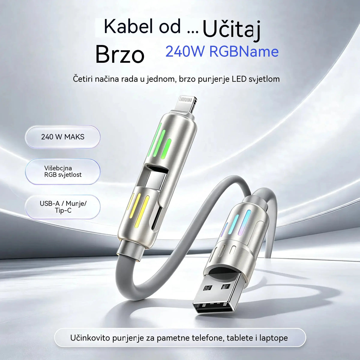 🔥 【2 komada za 23 eura】 🔥 (duljina 2 metra) 4-u-1 kabel PD 240 W – brzo punjenje USB‑C, Lightning i USB‑A, aluminij i silikon, sinkronizacija podataka ⚡📱