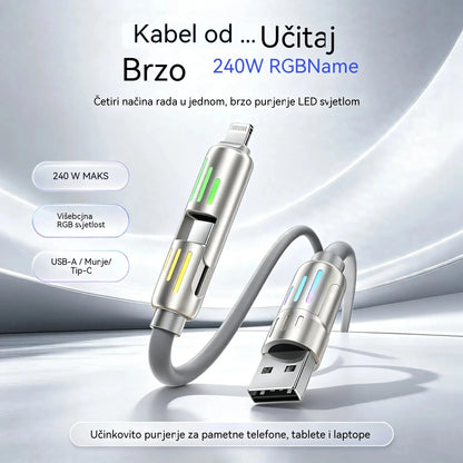🔥 【2 komada za 23 eura】 🔥 (duljina 2 metra) 4-u-1 kabel PD 240 W – brzo punjenje USB‑C, Lightning i USB‑A, aluminij i silikon, sinkronizacija podataka ⚡📱