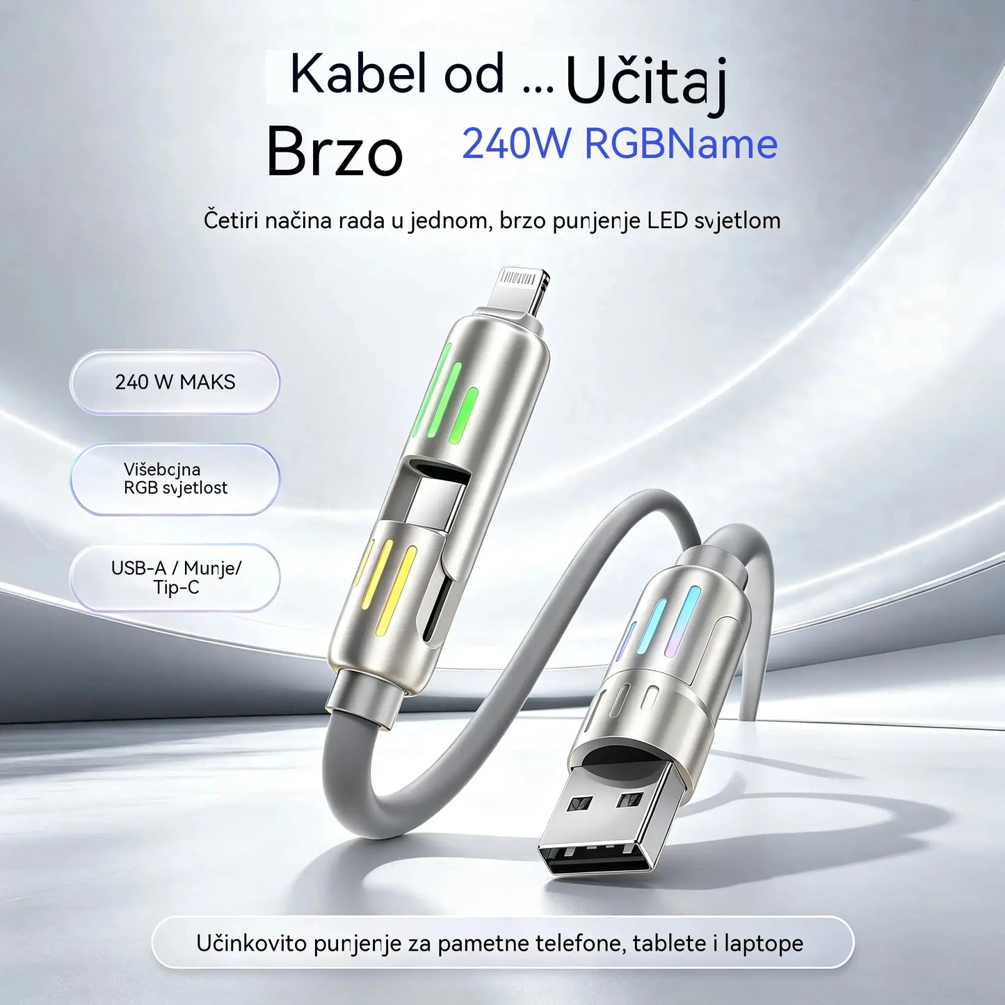 🔥 【2 komada za 23 eura】 🔥 (duljina 2 metra) 4-u-1 kabel PD 240 W – brzo punjenje USB‑C, Lightning i USB‑A, aluminij i silikon, sinkronizacija podataka ⚡📱