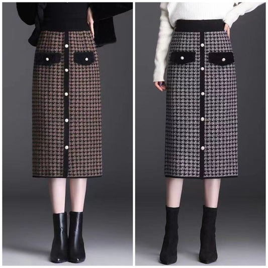 👗【Se vinde ca pâinea caldă】【S-3XL】 Fustă midi în carouri, din blană de nurcă, îngroșată, 3773303 