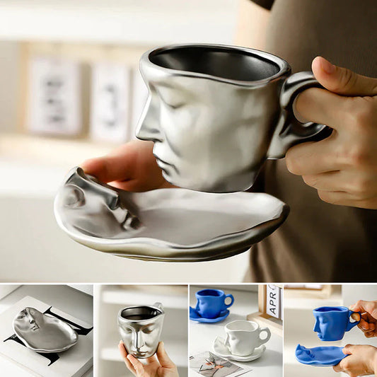 ☕ Sada keramických šálok a podšálok s kreatívnym abstraktným umením, ľudská tvár, bozk