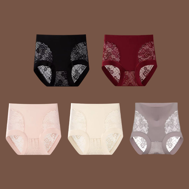 ❤️【5 položek】❤️【40-95kg】Dámské vysoce elastické bezešvé krajkové kalhotky pro stahování bříška, tvarující a zvedající zadek