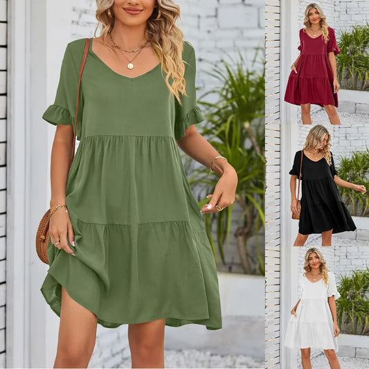 💕2026 Novedades de verano👗【S-3XL】Vestido informal de tres capas con escote en V y pliegues.