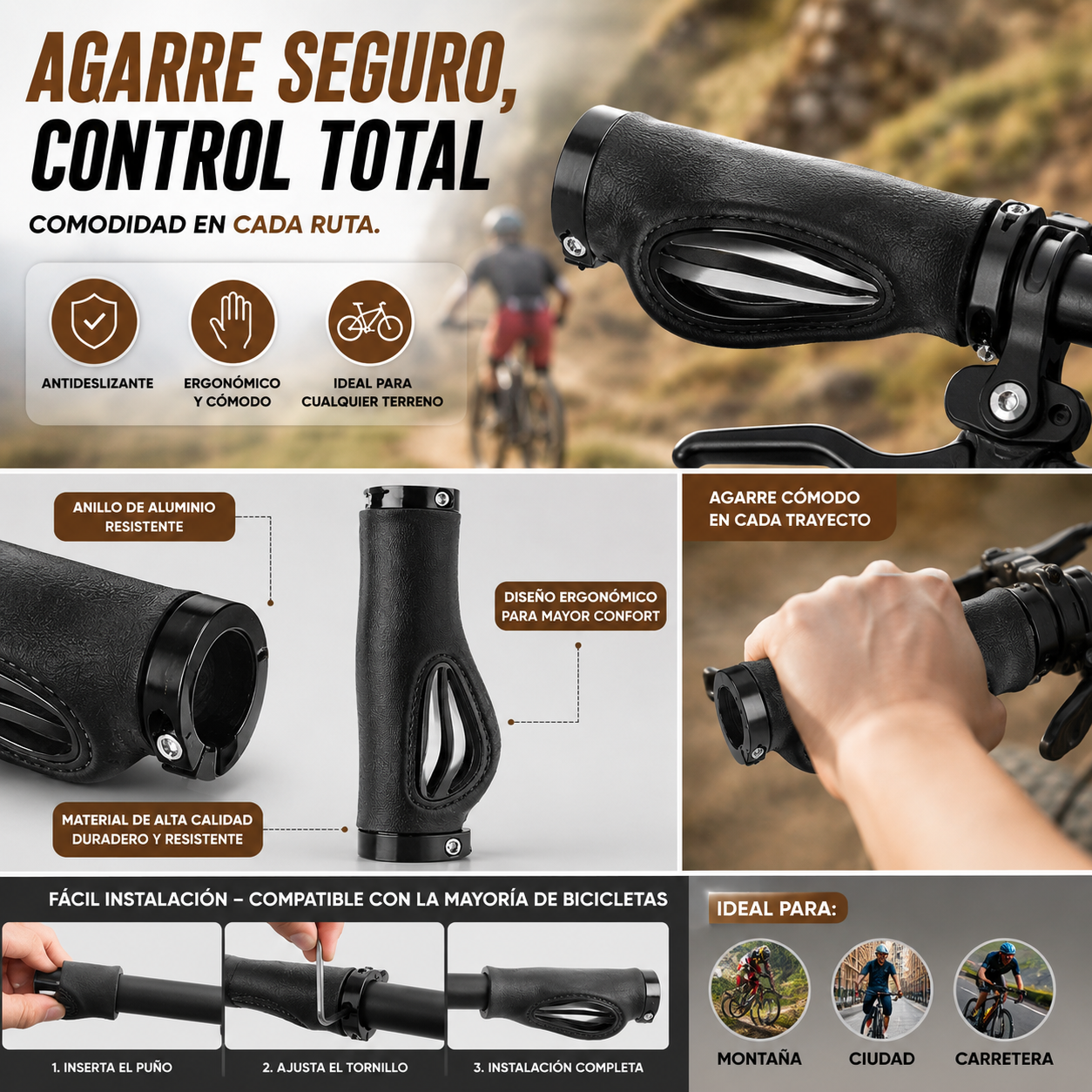 【¡AHORA CON UN 50% DE DESCUENTO!】 Puños ergonómicos para manillar con apoyo para la palma de la mano: diseño de ala, doble bloqueo y TPR amortiguador.