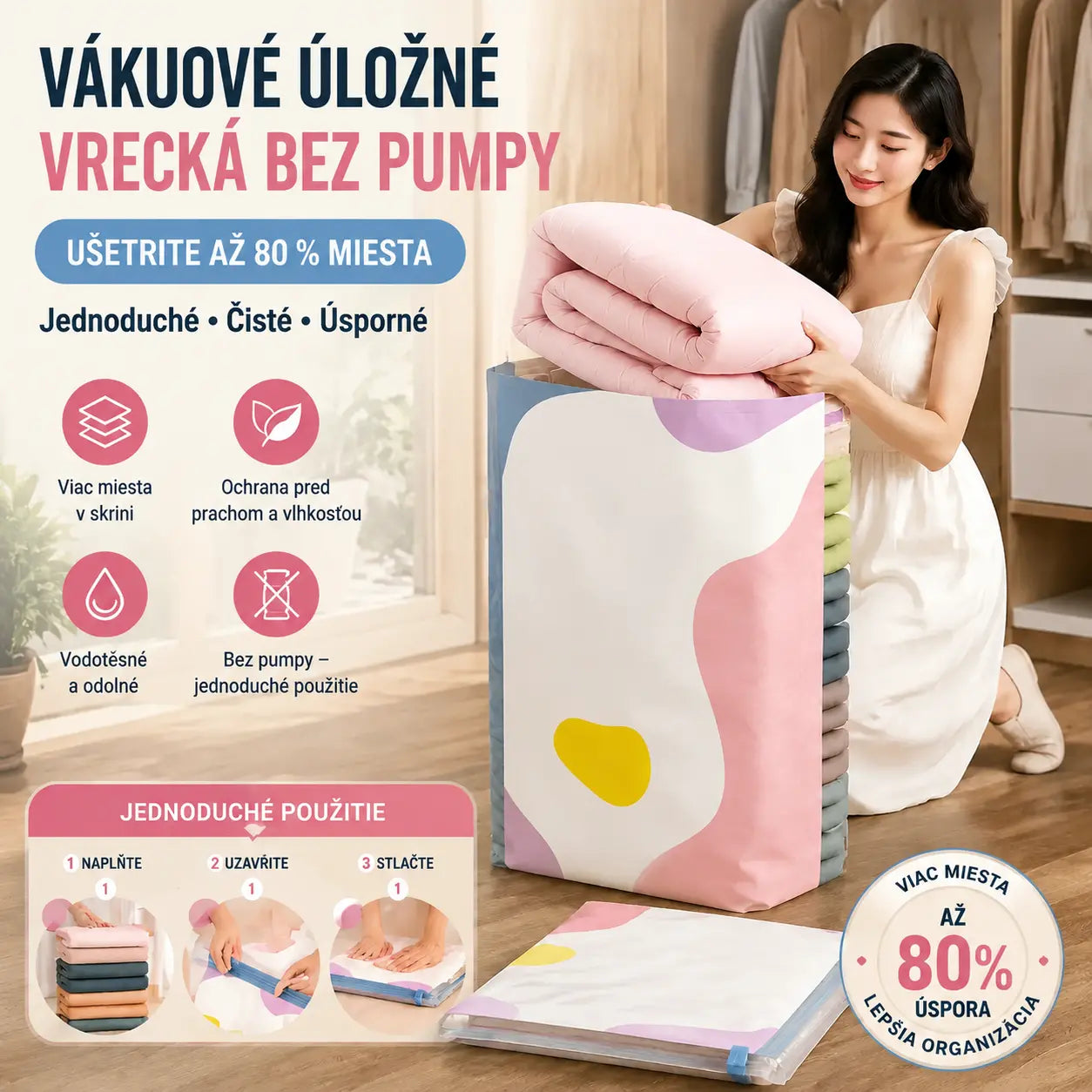🧳【5-dielna sada】💨 Veľké, stlačiteľné vákuové úložné vrecko: nevyžaduje pumpičku, je nepriepustné a ideálne na úsporu miesta v kufri a doma ✈️