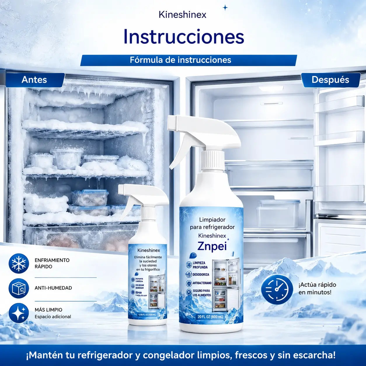 🔥【2 botellas por 27 euros】❄️ Nuevo spray descongelante (versión 2026) 🧡 Elimina rápidamente la escarcha del congelador