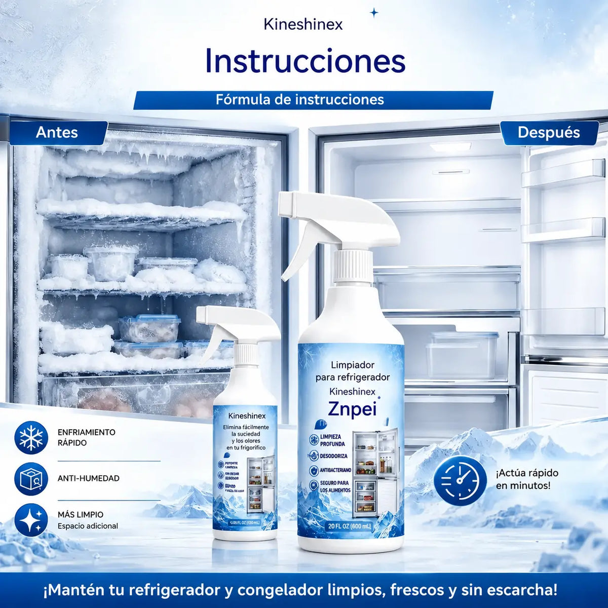🔥【2 botellas por 27 euros】❄️ Nuevo spray descongelante (versión 2026) 🧡 Elimina rápidamente la escarcha del congelador