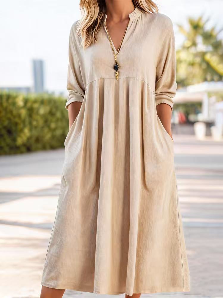 💃【50% zľava】👗2026 Nové módne retro šaty s výstrihom do V z bavlny a ľanu, vrecká a voľný, pohodlný strih.