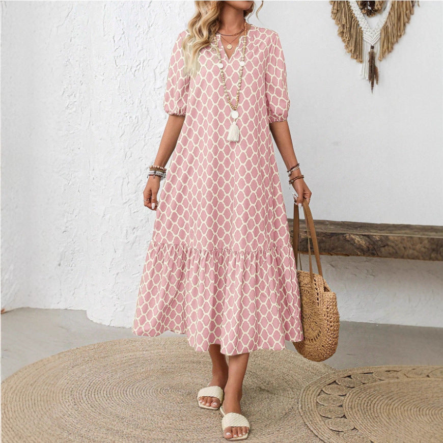【50% de descuento】【Tallas S-2XL】🌺🌺 Vestido moderno y elegante con estampado geométrico y escote en V.