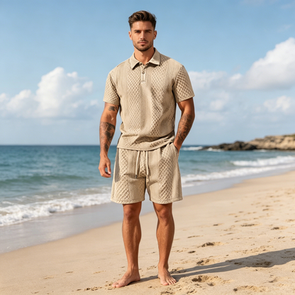 【S-3XL】Conjunto Verano Hombre 🏖️ Polo Corto + Shorts Jacquard, Casual Playa