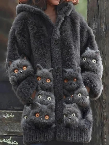 🔥🐾【descuento por tiempo limitado -50%】 Abrigo con capucha para mujer, elegante y adorable, con estampado de animales, ideal para otoño e invierno 🧥✨-E
