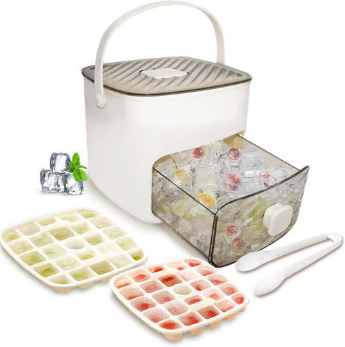 💞💥🥤🧊 50% zľava! Výrobník ľadu s funkciou skladovania ľadu: vyrába 48 kociek ľadu naraz, nepriepustné veko. Stohovateľný, šetrí miesto. Vrátane naberačky na ľad a klieští na ľad 🏖️✅