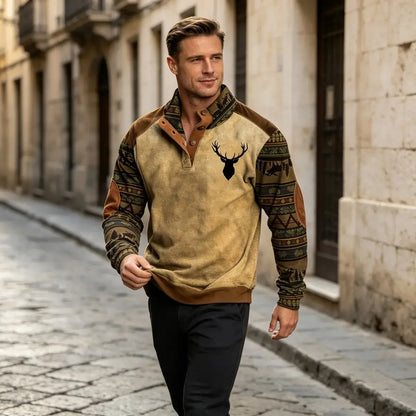 ⭐🔥【S-5XL】Camisa Henley retro para hombre con estampado digital 3D y corte holgado a la moda.