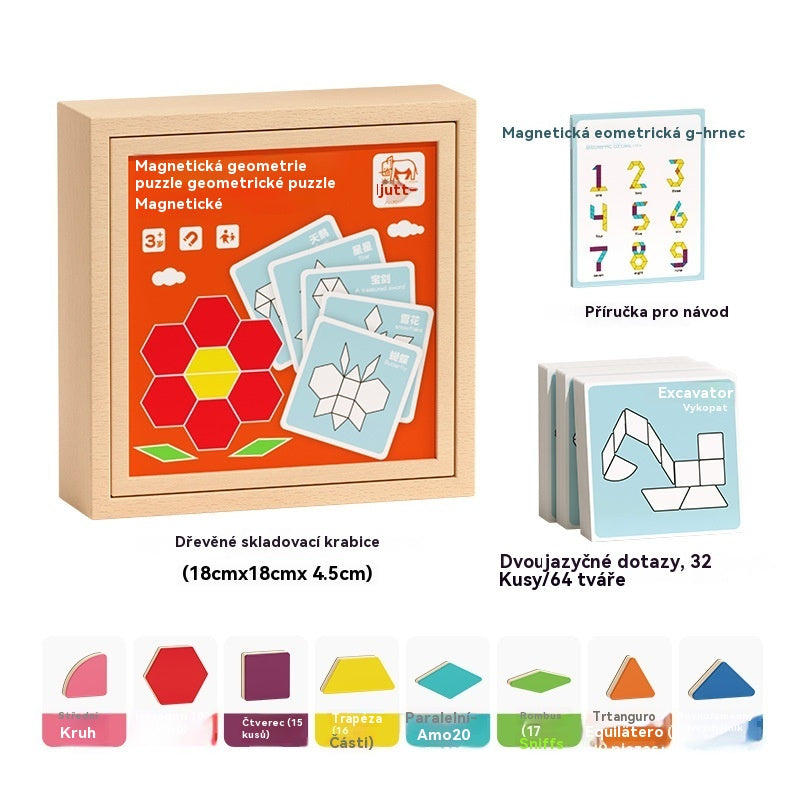 👶🌈🧩【128 dílků】🔥Magnetická dřevěná tangramová puzzle hračka, dětská vzdělávací hračka, stimuluje myšlení