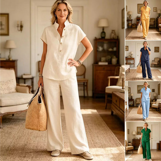 🔥【¡Oferta al 50%!!】✨Conjunto de mujer de lino y algodón: blusa de manga corta y pantalón ancho, estilo casual elegante de verano