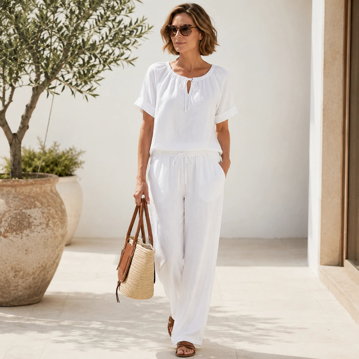 ⏳Oferta por tiempo limitado⏰ Conjunto de 2 piezas para mujer con top ajustable y pantalón – Corte relajado, cómodo y perfecto para estar en casa o para un look diario 🌸