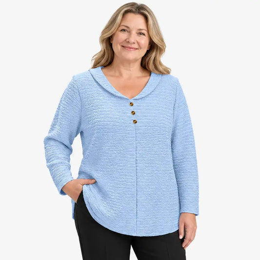 🔥【XL-5XL】🎁💖 Nueva blusa de botones para mujer en tallas grandes y color liso, con tejido plisado texturizado y cuello redondo (tipo Peter Pan).