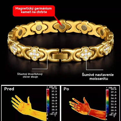 Pulsera magnética de diamantes y trébol: descubre tu secreto para aliviar el estrés y mejorar tu bienestar magnético.