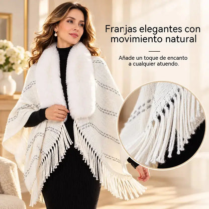 ✨ Chal de invierno tejido con cuello mullido y elegantes flecos · ¡Un cárdigan estilo poncho, cálido y de corte relajado, para mujer!