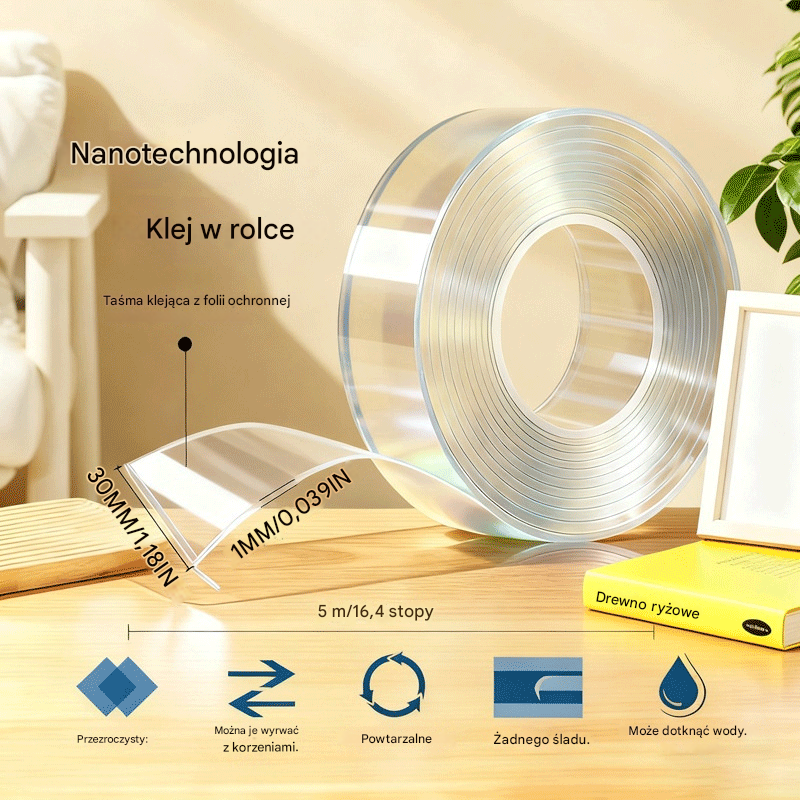 💧 【2 rolki】Nanoklejka dwustronna, wysoka przyczepność, przezroczysta taśma akrylowa, wodoodporna, odporna na kurz