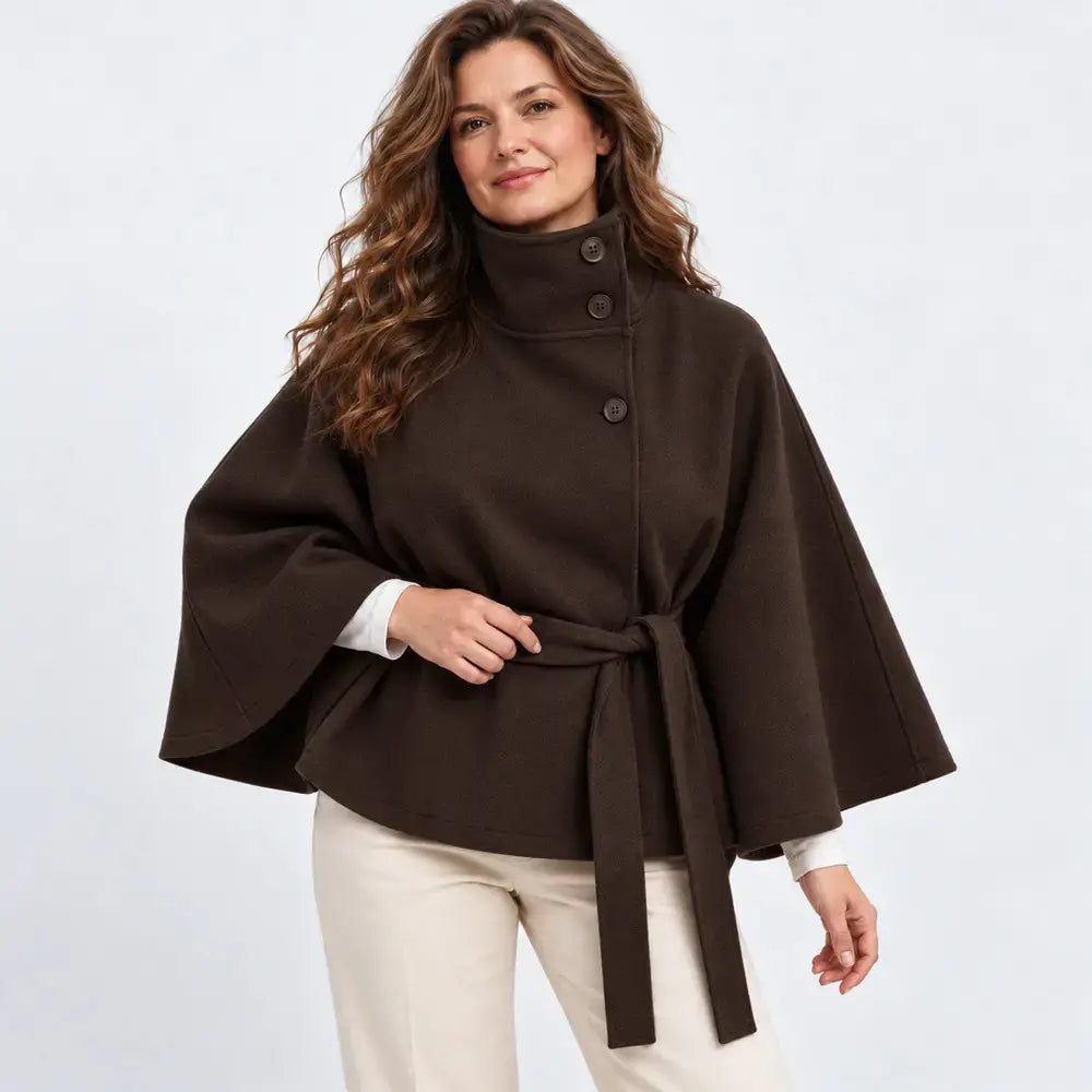【S-3XL】Nueva chaqueta de estilo capa para mujer, ideal para otoño e invierno – diseño liso, con cuello alzado, botones y cinturón