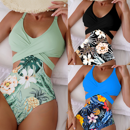 👙🌵【S–XL】Bikini dintr-o singură piesă pentru femei cu forme pline, model hawaian, cu decupaje, legături și elemente încrucișate 