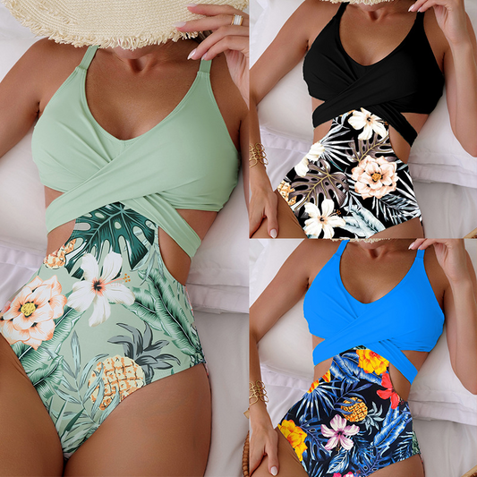 👙🌵【S–XL】Bikini dintr-o singură piesă pentru femei cu forme pline, model hawaian, cu decupaje, legături și elemente încrucișate 